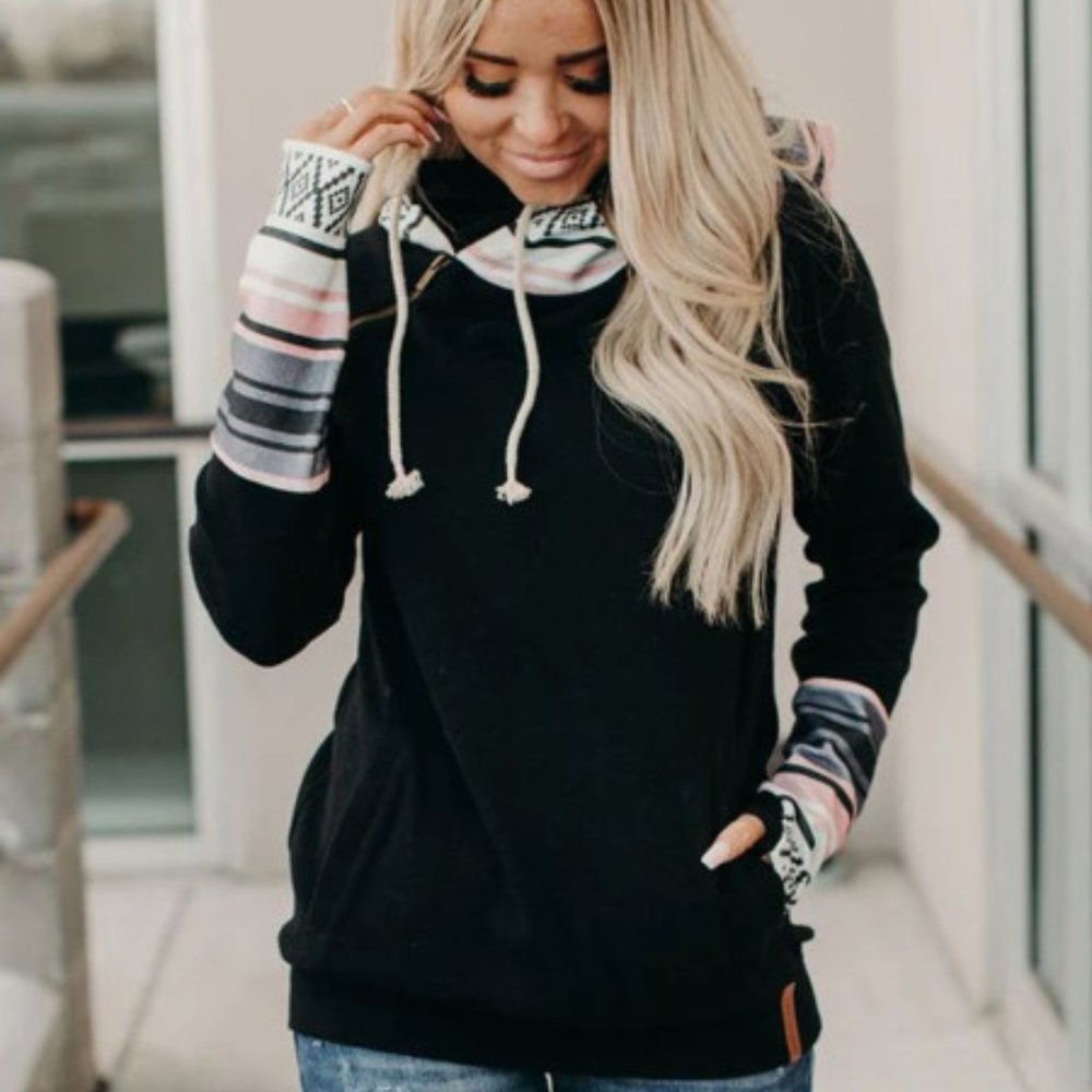 Black Double Hoods Thumb Hole Hoodie